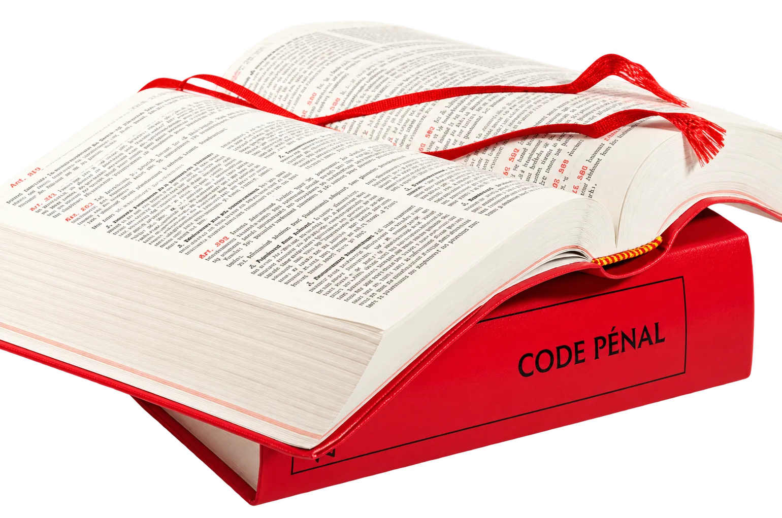 Code pénal rouge ouvert, avec ses rubans marque-pages